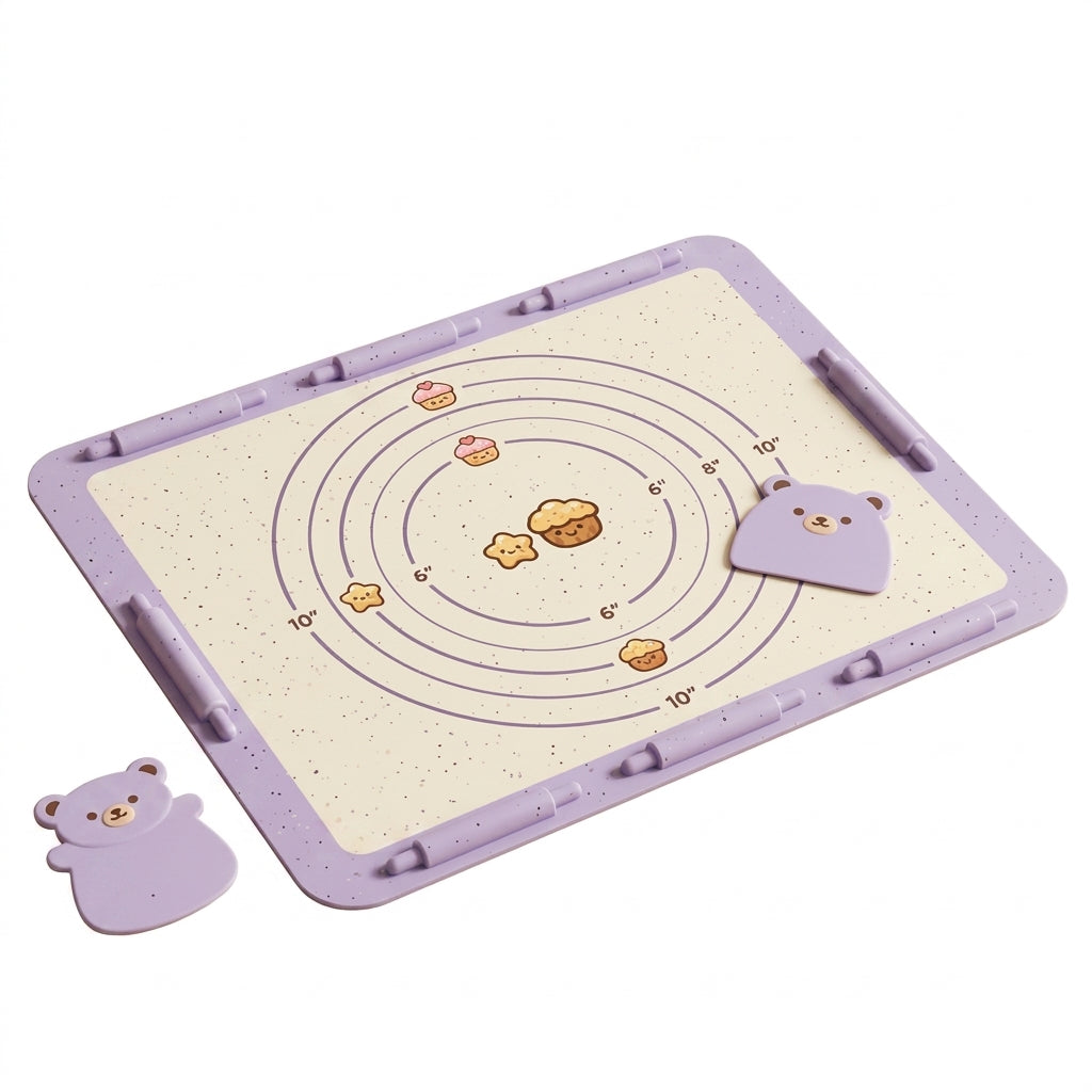 Hieankd™ Cute Silicone Pastry Mat with Measurements, Non-Slip Dough Rolling Mat with Raised Thickness Guide Border, Includes 2 Adorable Bear Dough Scrapers, Non-Stick Reusable Baking Mat for Pie Crust, Cookies, Fondant, Kawaii Baking Supplies