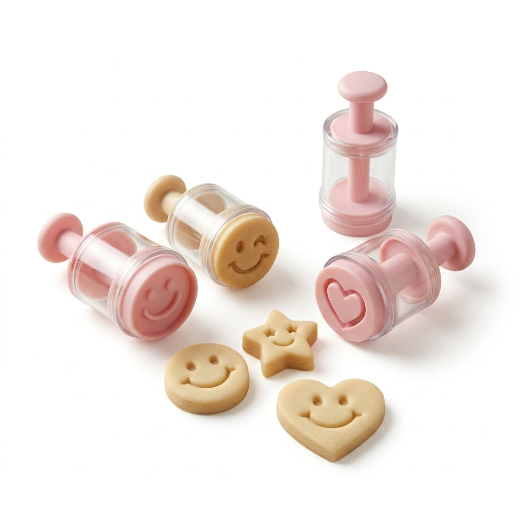 Hieankd™ 4-Piece Plunger Cookie Cutter Set - Non-Stick Cookie Stamps with Easy Ejector - Cute Smiley Face, Star, and Heart Dough Press Molds for Baking, Pastry, Fondant, and DIY Biscuits