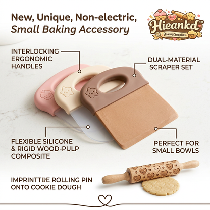 Hieankd™ 4-Piece Baking Set - Interlocking Dual-Material Bowl Scrapers (Flexible Silicone & Rigid Wood-Pulp) and Mini Embossing Rolling Pin with Heart Pattern for Cookie Dough, Pastry, and Cake Decorating