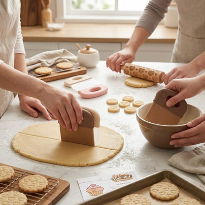 Hieankd™ 4-Piece Baking Set - Interlocking Dual-Material Bowl Scrapers (Flexible Silicone & Rigid Wood-Pulp) and Mini Embossing Rolling Pin with Heart Pattern for Cookie Dough, Pastry, and Cake Decorating