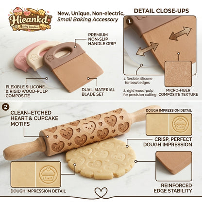 Hieankd™ 4-Piece Baking Set - Interlocking Dual-Material Bowl Scrapers (Flexible Silicone & Rigid Wood-Pulp) and Mini Embossing Rolling Pin with Heart Pattern for Cookie Dough, Pastry, and Cake Decorating