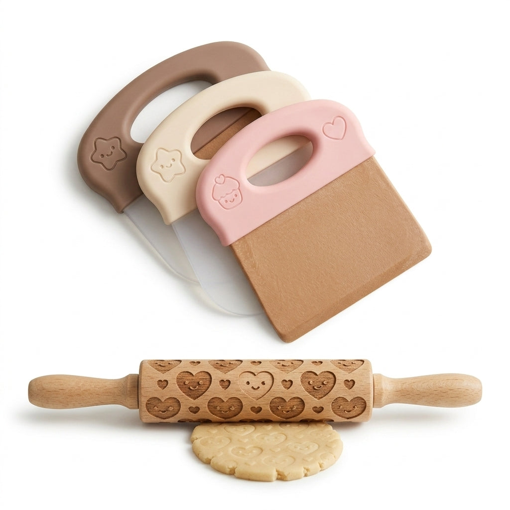 Hieankd™ 4-Piece Baking Set - Interlocking Dual-Material Bowl Scrapers (Flexible Silicone & Rigid Wood-Pulp) and Mini Embossing Rolling Pin with Heart Pattern for Cookie Dough, Pastry, and Cake Decorating