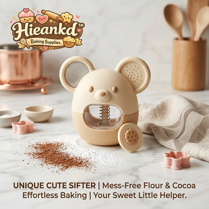 Hieankd™ Cute Bear Flour Sifter and Cocoa Duster - Spring-Loaded Powdered Sugar Shaker with Dual-Sided Mesh & Hole Dispenser, Mess-Free Handheld Baking Tool for Cakes, Cookies, Latte Art, and Spices