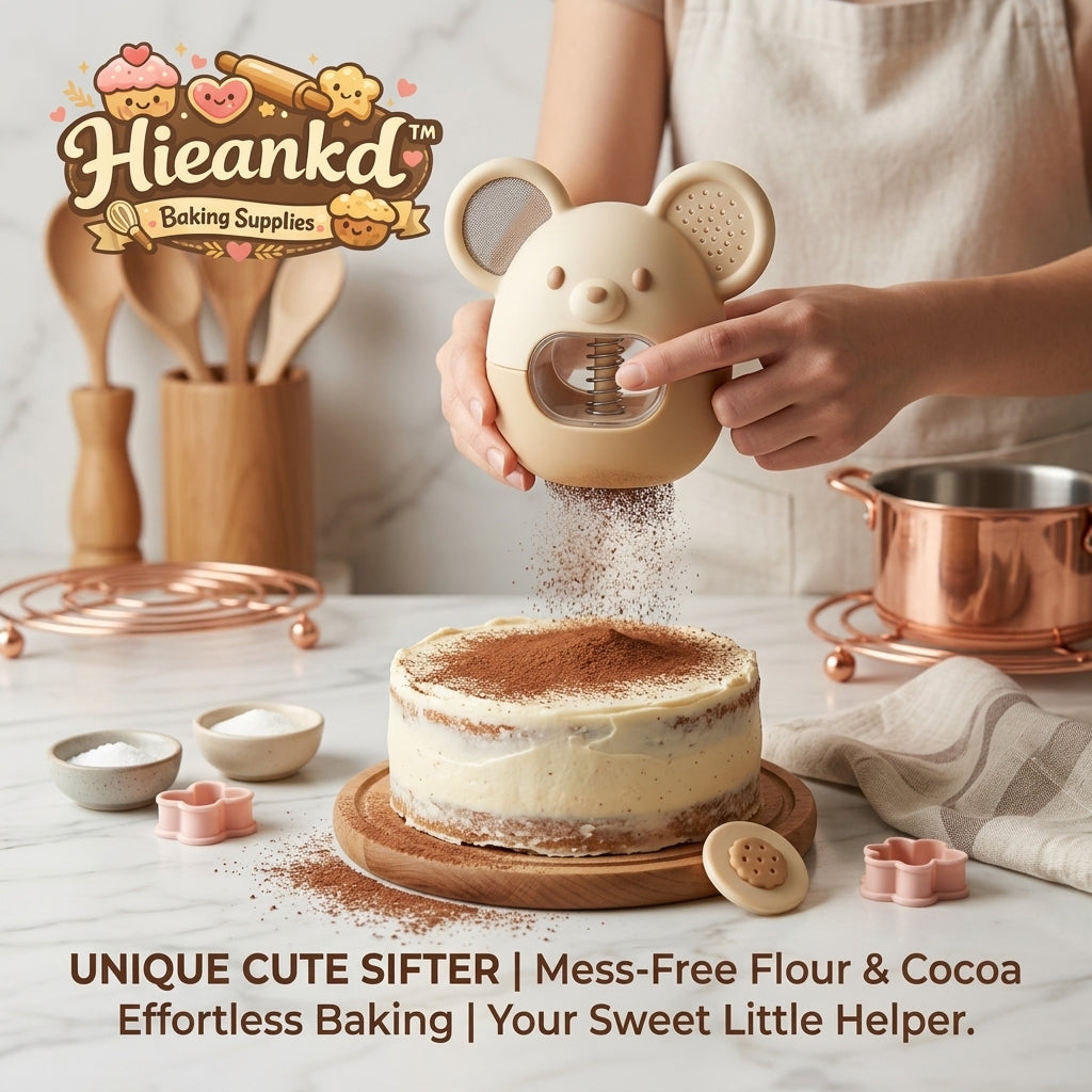 Hieankd™ Cute Bear Flour Sifter and Cocoa Duster - Spring-Loaded Powdered Sugar Shaker with Dual-Sided Mesh & Hole Dispenser, Mess-Free Handheld Baking Tool for Cakes, Cookies, Latte Art, and Spices