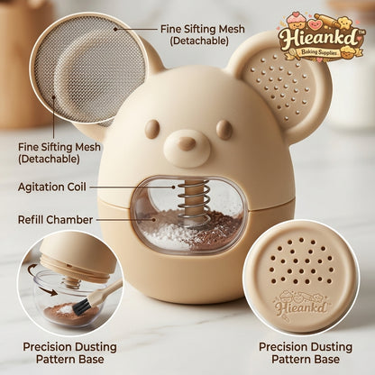 Hieankd™ Cute Bear Flour Sifter and Cocoa Duster - Spring-Loaded Powdered Sugar Shaker with Dual-Sided Mesh & Hole Dispenser, Mess-Free Handheld Baking Tool for Cakes, Cookies, Latte Art, and Spices