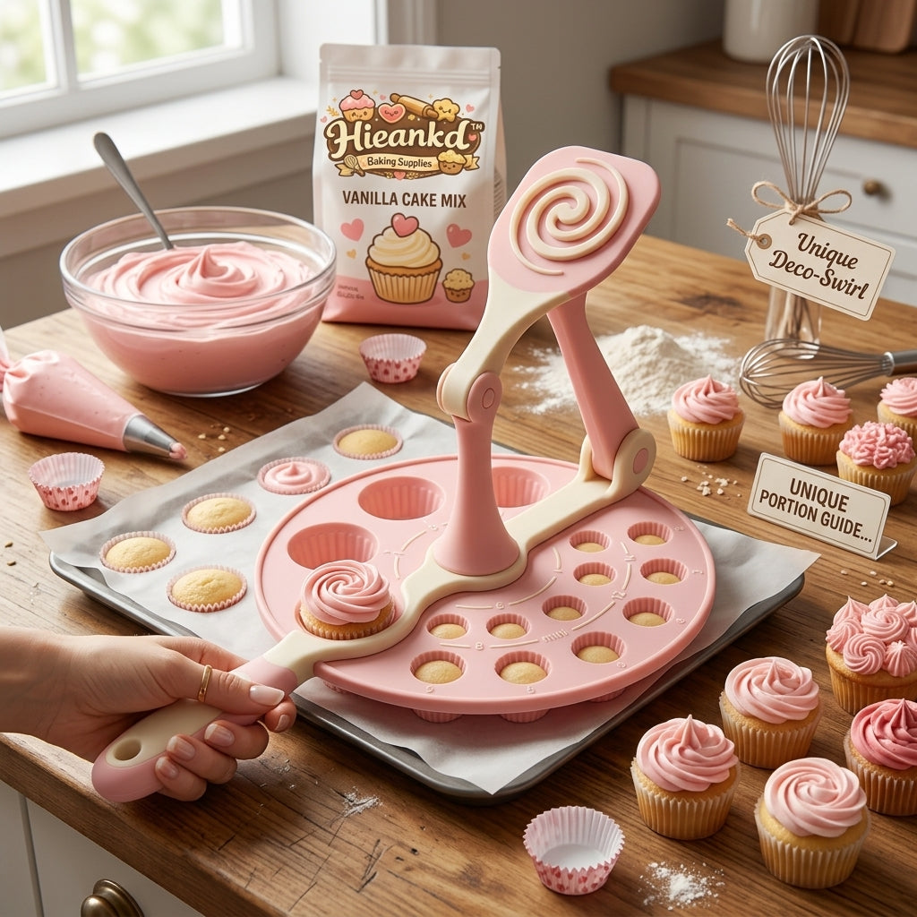 Hieankd™ Cupcake Wizard All-in-One Baking Tool - Cute Pink Silicone Cupcake Mold & Batter Portion Guide, Mini Muffin Pan with Deco-Swirl Press for Easy Pastry Prep & Decorating Supplies