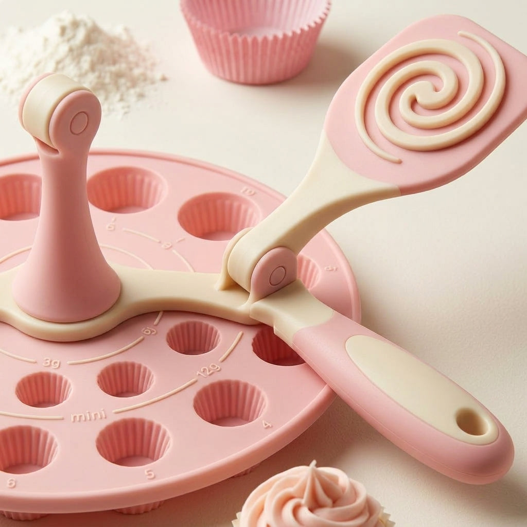 Hieankd™ Cupcake Wizard All-in-One Baking Tool - Cute Pink Silicone Cupcake Mold & Batter Portion Guide, Mini Muffin Pan with Deco-Swirl Press for Easy Pastry Prep & Decorating Supplies