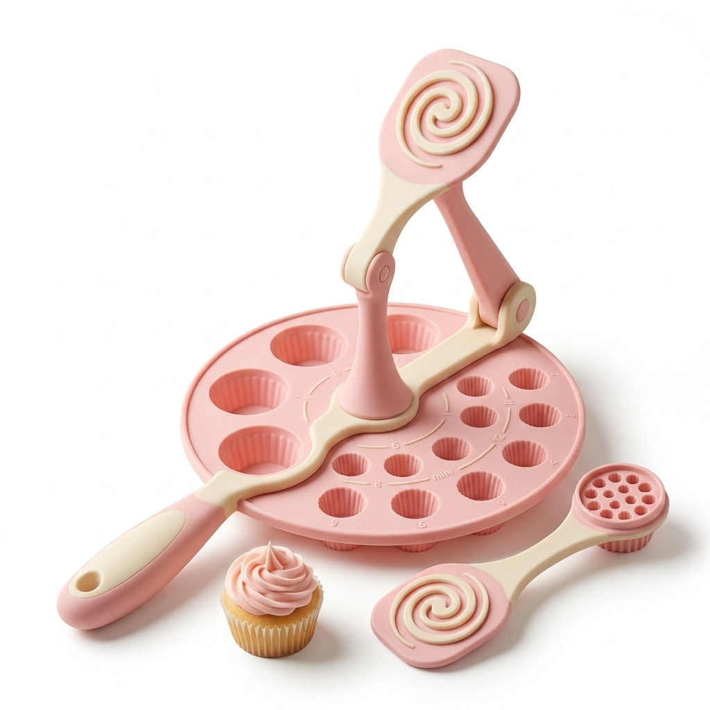 Hieankd™ Cupcake Wizard All-in-One Baking Tool - Cute Pink Silicone Cupcake Mold & Batter Portion Guide, Mini Muffin Pan with Deco-Swirl Press for Easy Pastry Prep & Decorating Supplies