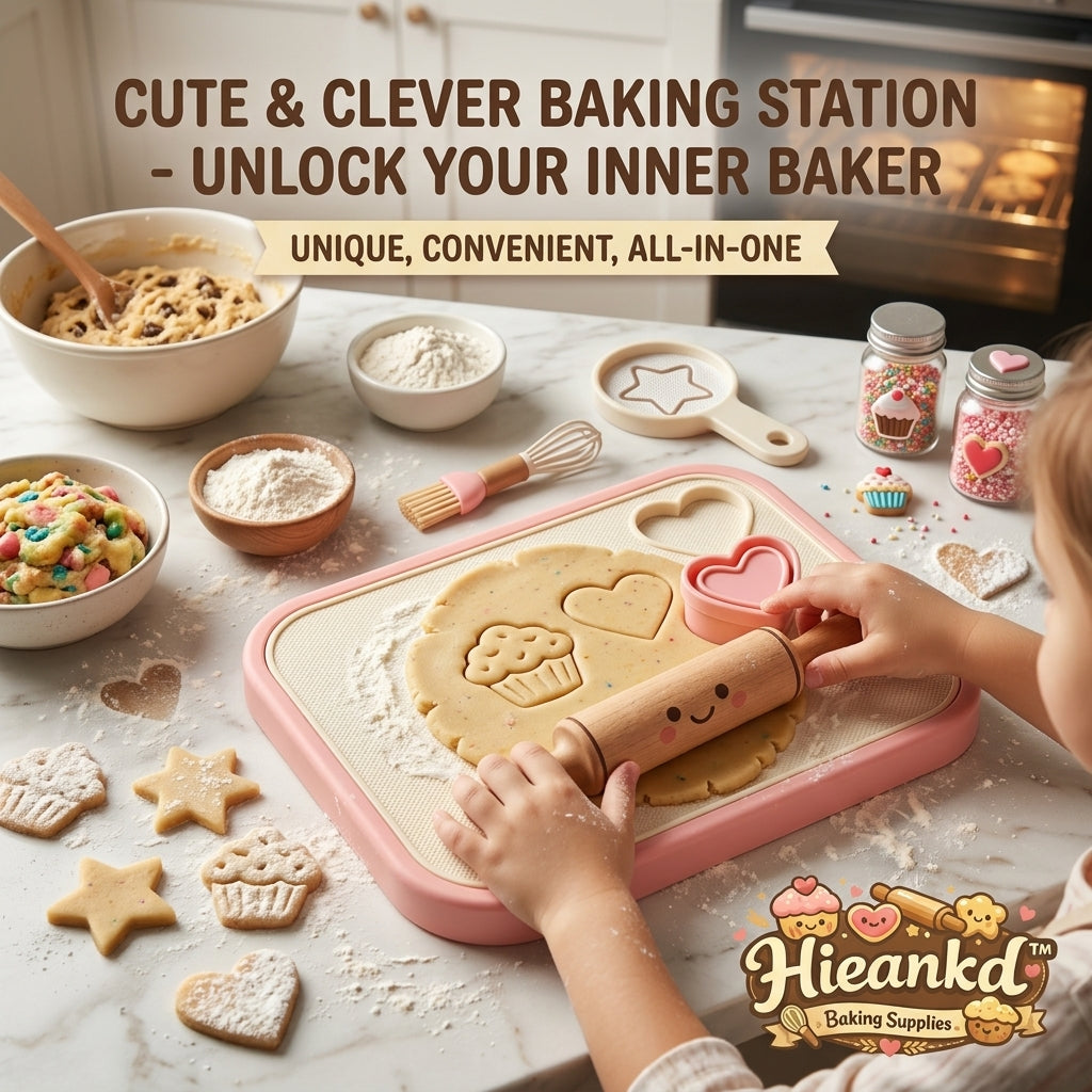 Hieankd™ Kids Pretend Play Baking Toy Set - Kawaii Kitchen Shape Sorter Board with Mini Rolling Pin, Cookie Cutters, Pastry Brush - Montessori Sensory Toy & Playdough Tools Kit for Toddler Girls & Boys 3+
