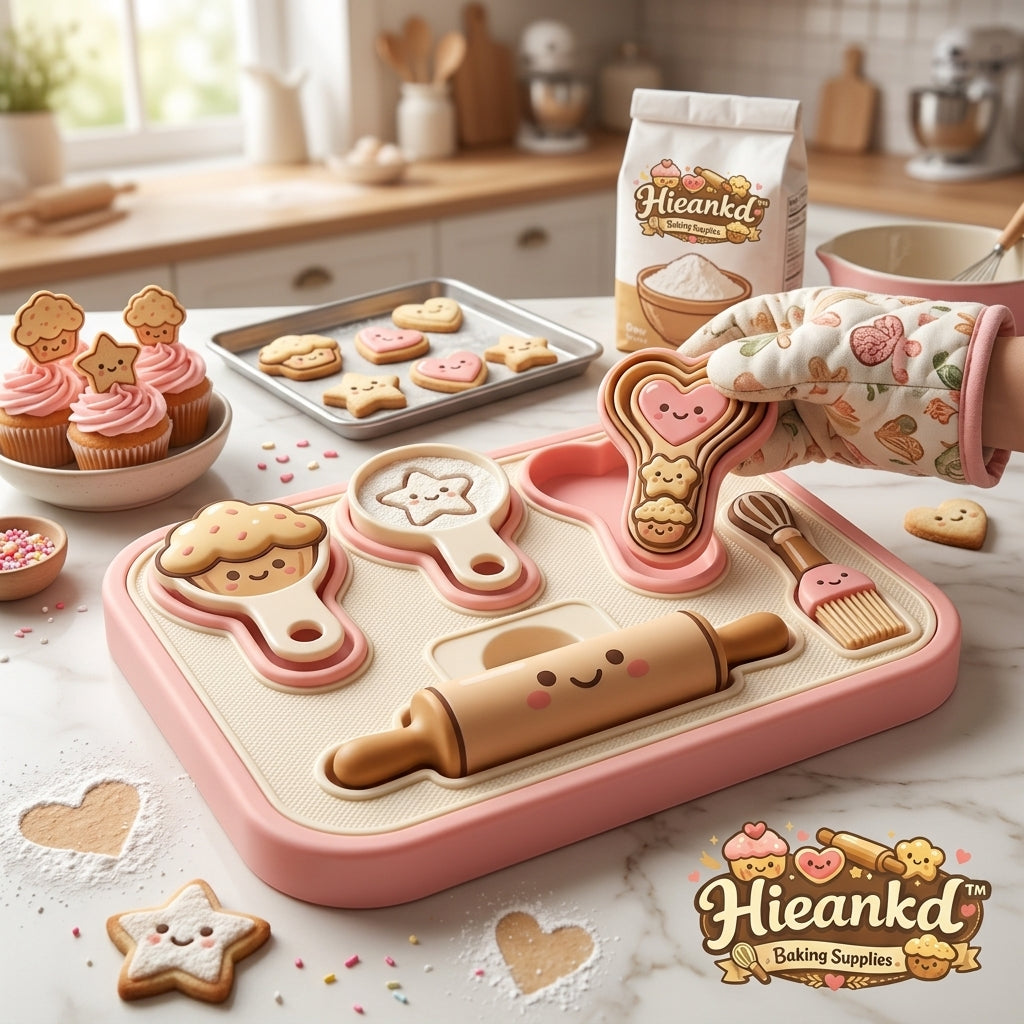 Hieankd™ Kids Pretend Play Baking Toy Set - Kawaii Kitchen Shape Sorter Board with Mini Rolling Pin, Cookie Cutters, Pastry Brush - Montessori Sensory Toy & Playdough Tools Kit for Toddler Girls & Boys 3+