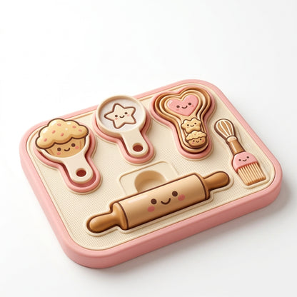 Hieankd™ Kids Pretend Play Baking Toy Set - Kawaii Kitchen Shape Sorter Board with Mini Rolling Pin, Cookie Cutters, Pastry Brush - Montessori Sensory Toy & Playdough Tools Kit for Toddler Girls & Boys 3+