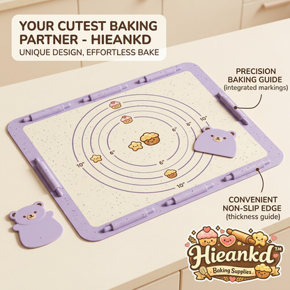 Hieankd™ Cute Silicone Pastry Mat with Measurements, Non-Slip Dough Rolling Mat with Raised Thickness Guide Border, Includes 2 Adorable Bear Dough Scrapers, Non-Stick Reusable Baking Mat for Pie Crust, Cookies, Fondant, Kawaii Baking Supplies