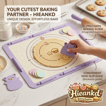 Hieankd™ Cute Silicone Pastry Mat with Measurements, Non-Slip Dough Rolling Mat with Raised Thickness Guide Border, Includes 2 Adorable Bear Dough Scrapers, Non-Stick Reusable Baking Mat for Pie Crust, Cookies, Fondant, Kawaii Baking Supplies