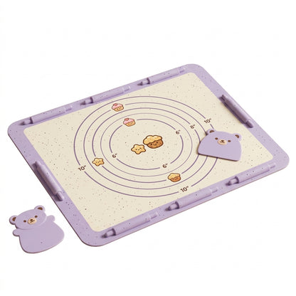 Hieankd™ Cute Silicone Pastry Mat with Measurements, Non-Slip Dough Rolling Mat with Raised Thickness Guide Border, Includes 2 Adorable Bear Dough Scrapers, Non-Stick Reusable Baking Mat for Pie Crust, Cookies, Fondant, Kawaii Baking Supplies