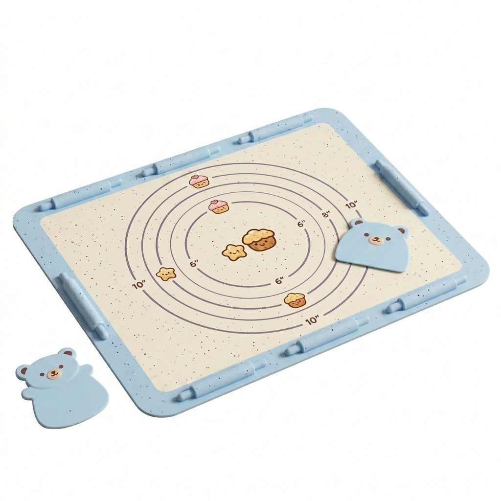 Hieankd™ Cute Silicone Pastry Mat with Measurements, Non-Slip Dough Rolling Mat with Raised Thickness Guide Border, Includes 2 Adorable Bear Dough Scrapers, Non-Stick Reusable Baking Mat for Pie Crust, Cookies, Fondant, Kawaii Baking Supplies