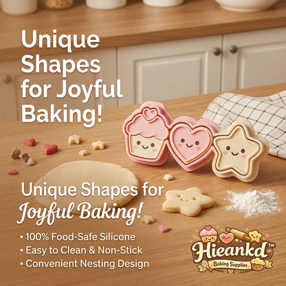 Hieankd™ 3-Piece Cute Cookie Cutters Set - Food-Safe Silicone Baking Molds with Nesting Design for Kids and Toddlers - Kawaii Cupcake, Heart, & Star Pastry Stamps for Joyful DIY Baking & Bento Decorating