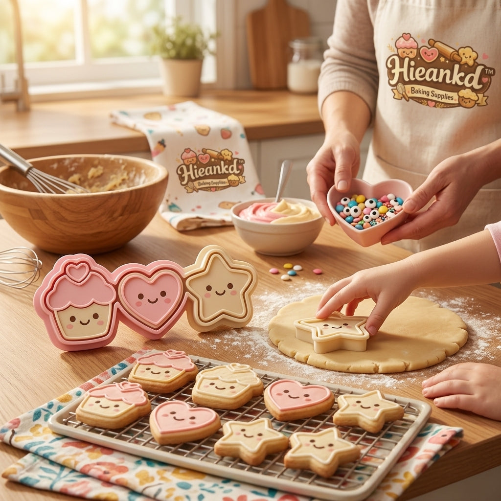 Hieankd™ 3-Piece Cute Cookie Cutters Set - Food-Safe Silicone Baking Molds with Nesting Design for Kids and Toddlers - Kawaii Cupcake, Heart, & Star Pastry Stamps for Joyful DIY Baking & Bento Decorating