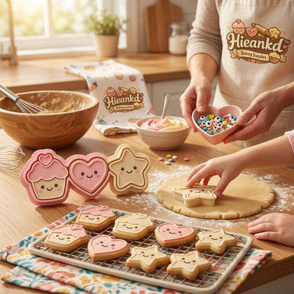 Hieankd™ 3-Piece Cute Cookie Cutters Set - Food-Safe Silicone Baking Molds with Nesting Design for Kids and Toddlers - Kawaii Cupcake, Heart, & Star Pastry Stamps for Joyful DIY Baking & Bento Decorating