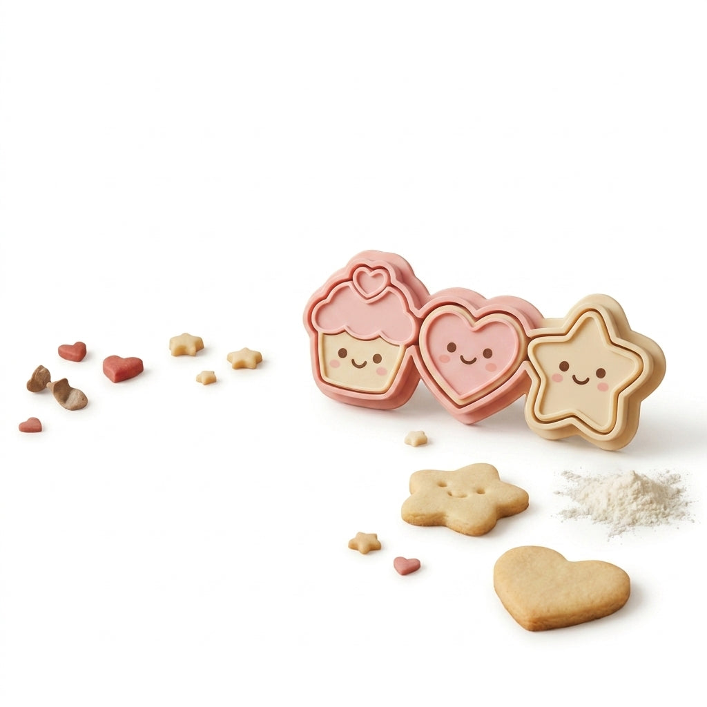 Hieankd™ 3-Piece Cute Cookie Cutters Set - Food-Safe Silicone Baking Molds with Nesting Design for Kids and Toddlers - Kawaii Cupcake, Heart, & Star Pastry Stamps for Joyful DIY Baking & Bento Decorating