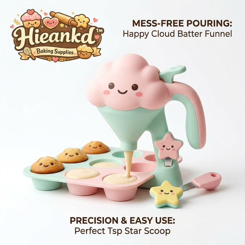 Hieankd™ Cute Cloud Batter Dispenser and Star Scoop Set - Mess-Free Pancake & Cupcake Batter Funnel with Stand and Silicone Muffin Pan, Kid-Friendly Baking Supplies for Waffles, Crepes & Cake Decorating
