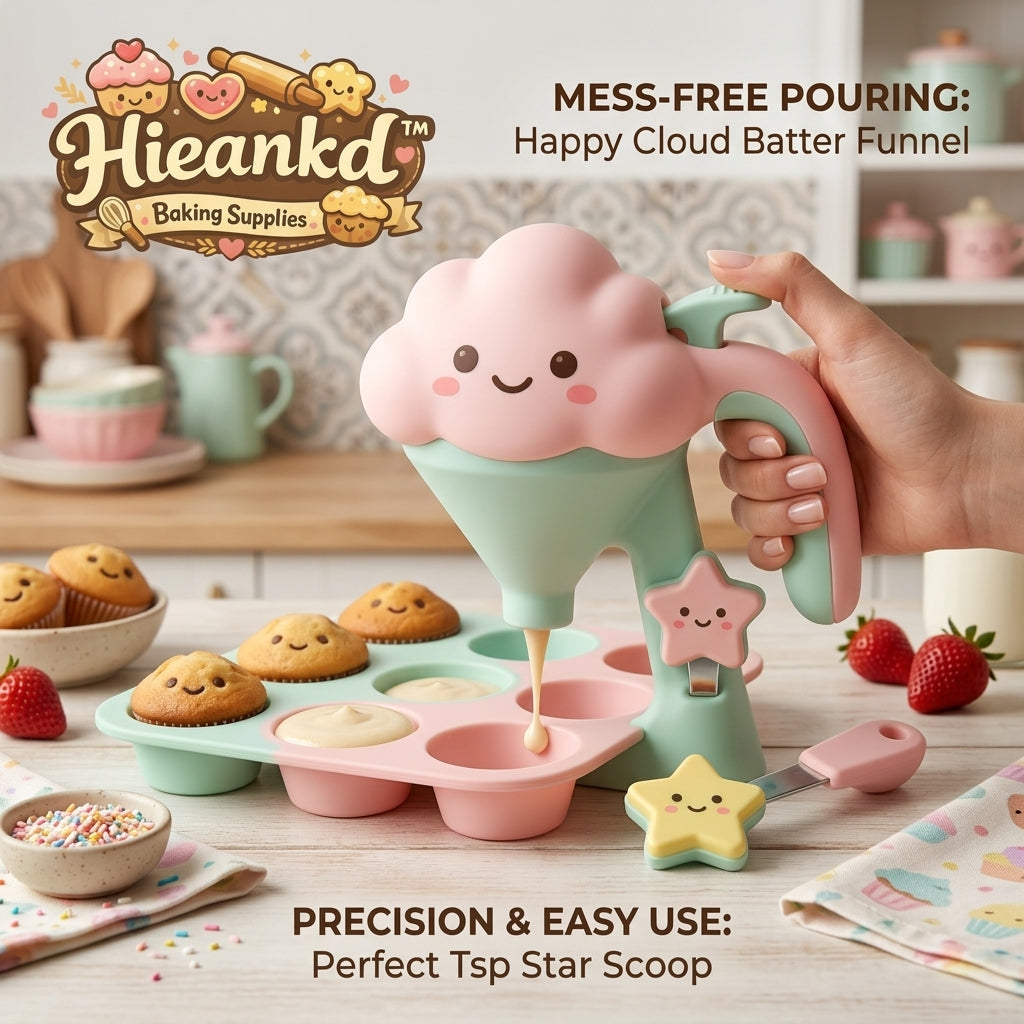 Hieankd™ Cute Cloud Batter Dispenser and Star Scoop Set - Mess-Free Pancake & Cupcake Batter Funnel with Stand and Silicone Muffin Pan, Kid-Friendly Baking Supplies for Waffles, Crepes & Cake Decorating
