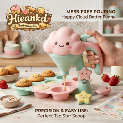 Hieankd™ Cute Cloud Batter Dispenser and Star Scoop Set - Mess-Free Pancake & Cupcake Batter Funnel with Stand and Silicone Muffin Pan, Kid-Friendly Baking Supplies for Waffles, Crepes & Cake Decorating