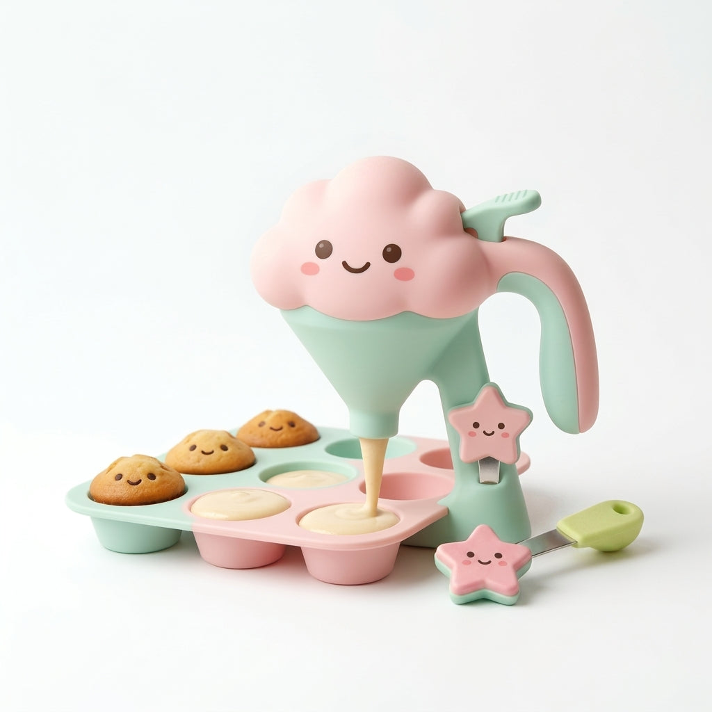 Hieankd™ Cute Cloud Batter Dispenser and Star Scoop Set - Mess-Free Pancake & Cupcake Batter Funnel with Stand and Silicone Muffin Pan, Kid-Friendly Baking Supplies for Waffles, Crepes & Cake Decorating