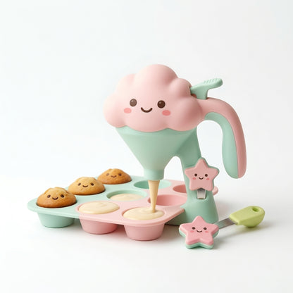Hieankd™ Cute Cloud Batter Dispenser and Star Scoop Set - Mess-Free Pancake & Cupcake Batter Funnel with Stand and Silicone Muffin Pan, Kid-Friendly Baking Supplies for Waffles, Crepes & Cake Decorating